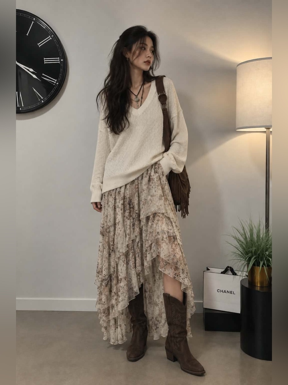 Revolve x Haute Hippie Oversized Cream V-Neck Textured Knit Sweater